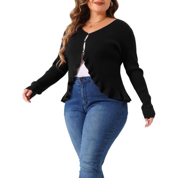 Plus Size Knit Sweater Ruffled Button Cardigan Outerwear Black - Picture 2 of 6
